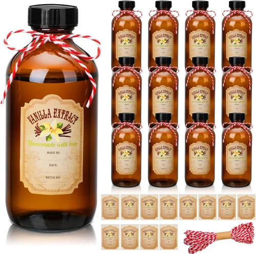 Vista 8 de Uiifan Paquete de 12 Botellas de Vidrio Ámbar Redondas Boston con Tapas Frascos Marrones de Extracto de Vainilla y 12 Piezas de Etiquetas