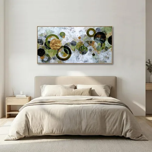 Vista 6 de JLXART Lienzo abstracto enmarcado, arte para la pared, moderno círculo verde dorado y negro, pintura colorida, obra de arte texturizada, lista