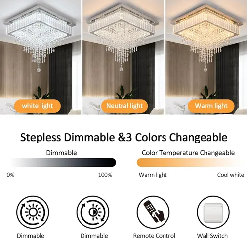 Vista 3 de VETRULUS Lámpara de techo de cristal moderna cuadrada de montaje empotrado LED regulable para cocina, dormitorio, sala de estar