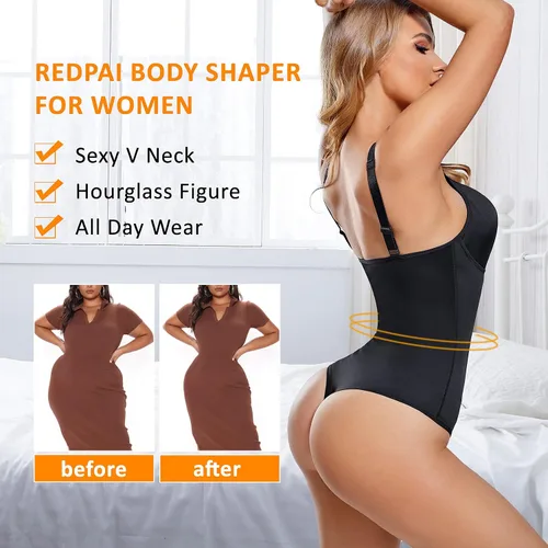 Vista 2 de REDPAI Body moldeador de tanga con brasier integrado para mujer, control de abdomen, moldeador de cuerpo completo, cuello en V, faja colombiana