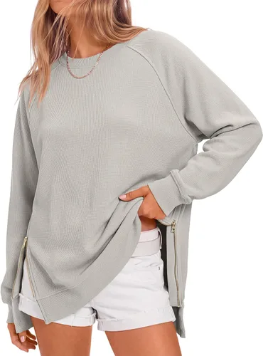 Vista 27 de ANRABESS - Sudadera de gran tamaño para mujer, cuello redondo, manga larga, tipo túnica, con cremallera lateral, sudadera con capucha, suéter