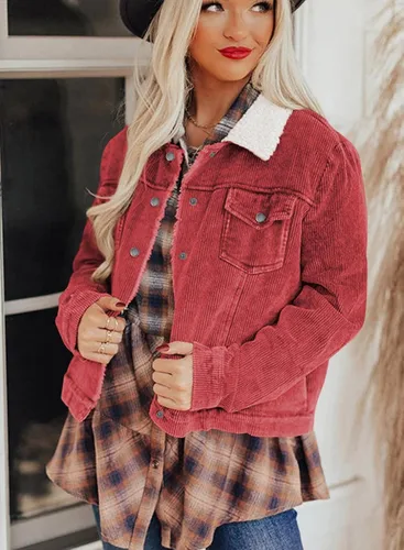 Vista 2 de SHEWIN Chaquetas casuales de pana Sherpa para mujer, de manga larga, con botones, de forro polar, con solapa