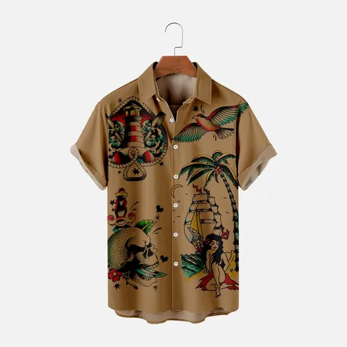 Vista 4 de Camisas hawaianas de bolos para hombre, de manga corta, camisas de guayabera cubana, casuales, con botones, hippie, para playa, ligeras, camisetas