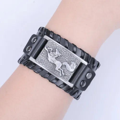 Vista 6 de Viking Fox Celtic Knot Irish Cuff Pulseras anchas de cuero punk joyería ajustable (negro y plata antigua), Cuero