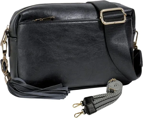 Vista 8 de Bolsos cruzados para mujer, bolso cruzado pequeño de cuero vegano, bolso de hombro para mujer con 2 correas anchas y borlas