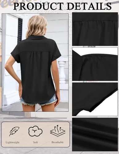 Vista 4 de Zeagoo Camisa de manga corta con botones para mujer, cuello en V, elegante, casual, para negocios, trabajo, con bolsillo, S-XXL