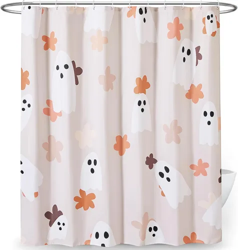Vista 8 de Juego de cortina de ducha de baño con fantasmas florales con ganchos, cortinas de ducha de tela resistente de 180 GSM, 72 x 72 pulgadas, bonita
