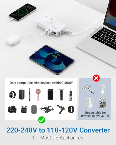 Vista 3 de BESTEK - Convertidor de 220 V a 110 V, convertidor de voltaje de CA de 300 W de EE. UU. a Europa con 2 USB-C (PD20w), convertidor de potencia Blanco