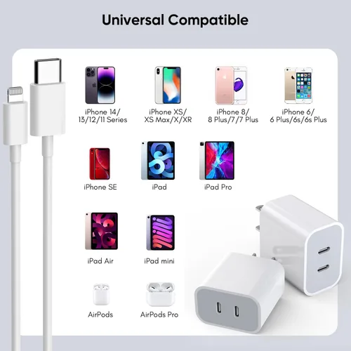 Vista 7 de Cargador rápido para iPhone de 10 pies, [certificado Apple MFi] Paquete de 2 cargadores rápidos PD Dual Apple, bloque de carga USBC, cable Lightning