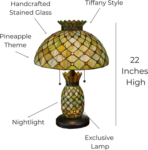 Vista 4 de Touch of Class Piala - Lámpara de mesa de piña verde, vitrales hechos a mano, decoración temática tropical, lámparas de playa para dormitorio