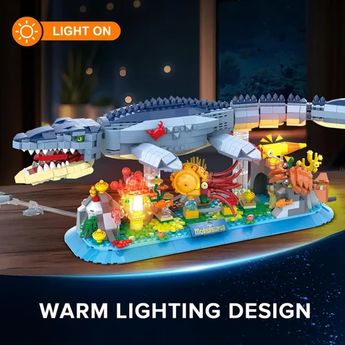 Vista 5 de INSOON Juego de Construcción de Mosasaurus con Luz LED, 1219 Piezas de Bloques de Construcción Movibles de Animales Oceánicos con Nautilus, Medusas