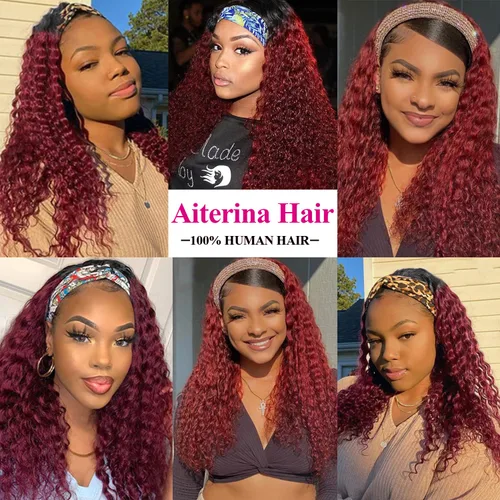 Vista 6 de Aiterina - Peluca de cabello humano con diadema de onda profunda para mujeres negras, cabello brasileño remy, sin pegamento, sin encaje frontal