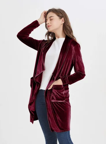 Vista 2 de futurino Women's Solid Long Sleeve Velvet Jacket Open Front Cardigan Coat with Pockets Outerwear