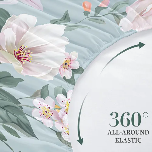 Vista 4 de Sábana bajera ajustable floral con fundas de almohada, 100% microfibra cepillada, sábana bajera ajustable con bolsillo profundo, ultrasuave