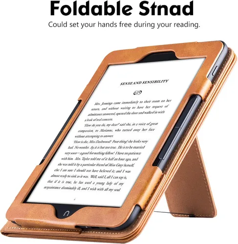 Vista 4 de Funda para Nook GlowLight 4 Plus de 7.8 pulgadas (2023) Soporte plegable integrado y correa de mano Estilo libro Funda de piel sintética Marrón