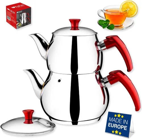 Vista 10 de Hakan Juego de tetera Maxi Double Bondy de acero inoxidable de 3.2 L, 107 onzas, con tapa doble autocolador, juego de tetera estilo samovar turco