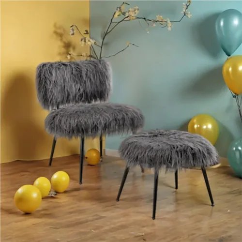 Vista 3 de Silla decorativa Saucer con butacas otomanas para Sala Modernas, silla de ocio para sala de estar, silla auxiliar con piel artificial larga para Gris