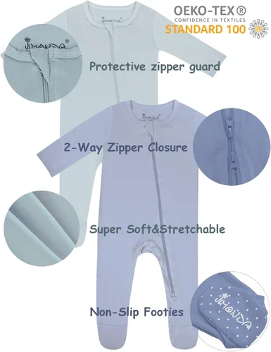 Vista 2 de Jimonda Pijama de bambú, pies de una pieza unisex para bebé, cierre de cremallera de 2 vías..