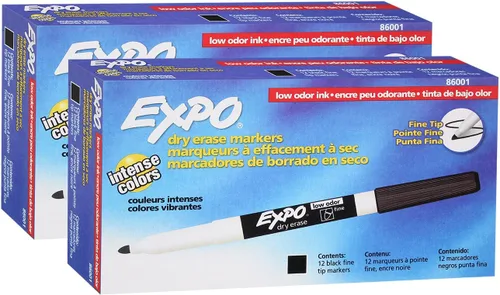 Vista 11 de EXPO Marcadores de borrado en seco, tinta de bajo olor, negro, punta fina, 12 unidades, pizarra blanca, calendario, organización, suministros