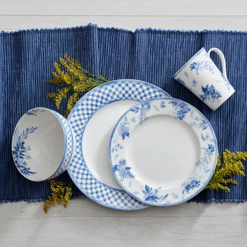 Vista 6 de Mikasa Kiley Bone China - Juego de vajilla ligera de 16 piezas resistente a las astillas, servicio para 4, azul y blanco