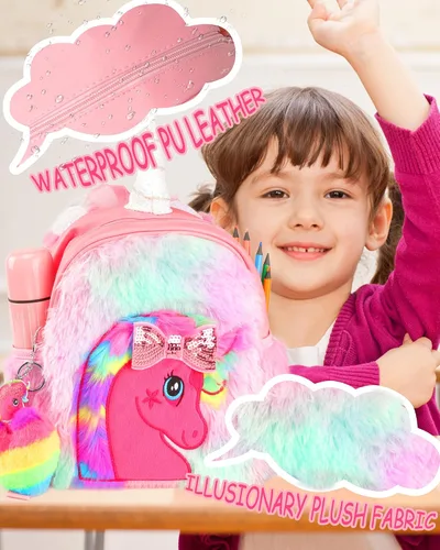 Vista 3 de LSSAGOON Mochila de felpa de unicornio para niñas, bonita bolsa de libro escolar de piel sintética suave, mochilas Kawaii esponjosas para niños.