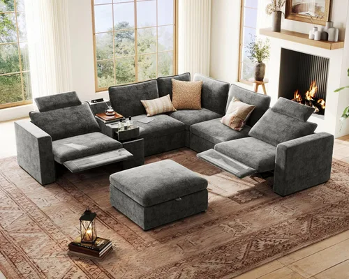 Vista 26 de Sofá reclinable eléctrico de 102.8 pulgadas con reposacabezas, sofá reclinable modular Cloud de gran tamaño con mesa, cajón de almacenamiento