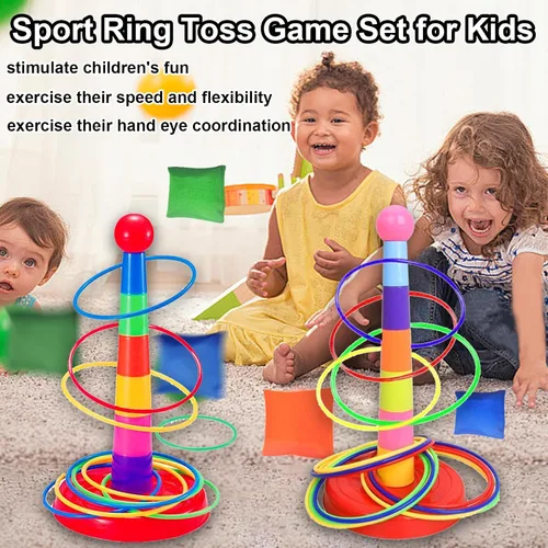 Vista 5 de Colorido juego de lanzamiento de anillos deportivos de plástico para niños, 2 columnas coloridas+48 anillos+12 bolsas de frijoles, juguetes
