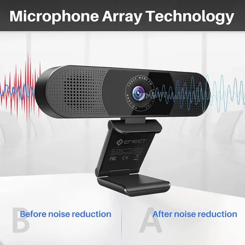 Vista 3 de Cámara web 3 en 1 con trípode y cubierta de privacidad, cámara web eMeet C980 Pro con micrófono, 2 altavoces y 4 matrices de micrófono de reducción