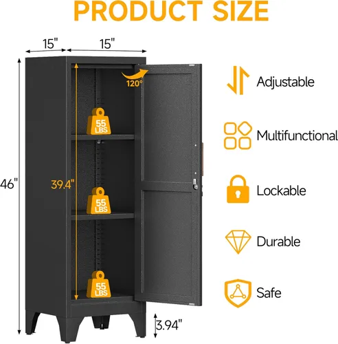 Vista 3 de Armario de metal negro de 46 pulgadas de alto con 1 puerta con cerradura y 2 estantes ajustables para empleados, armario de almacenamiento pequeño
