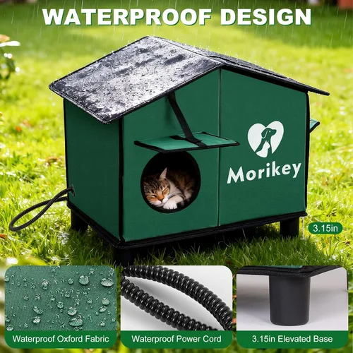 Vista 5 de Casa térmica para gatos para exteriores, casa aislada para gatos al aire libre con almohadilla térmica, refugio resistente a la intemperie