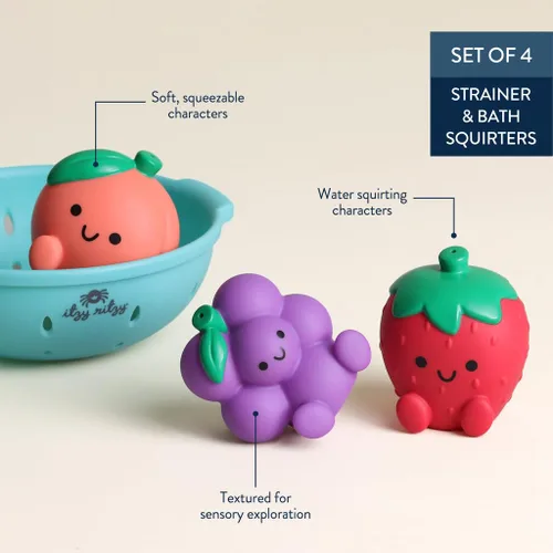 Vista 4 de Itzy Ritzy Juguetes Rociadores de Baño – Juego de 3 Juguetes de Baño Texturizados con Forma de Fruta y 1 Colador Rociador – Itzy Splash Pals