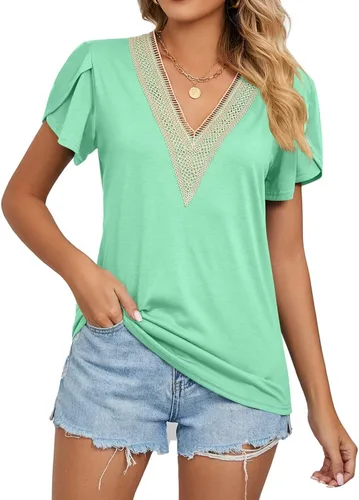 Vista 2 de WELINCO Camisetas básicas de verano para mujer, cuello en V, manga de pétalo, estilo casual