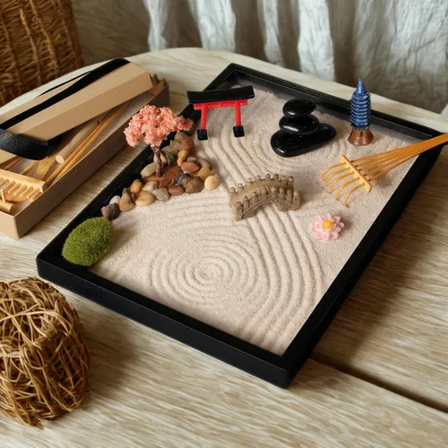 Vista 5 de Kit de jardín Zen de Island Falls Home 27.9x20.3 cm. Hermoso mini adorno de piedra japonés, juego de regalo para el hogar, escritorio de oficina.