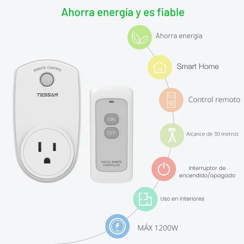 Vista 3 de Toma de control remoto, interruptor de enchufe eléctrico inalámbrico TESSAN para luces, lámparas, ventiladores, rango RF de 100 pies, 1200 W