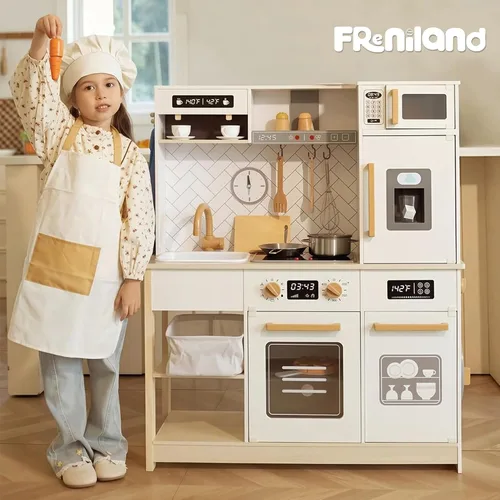 Vista 8 de Freniland Cocina de juego de madera, juego de cocina para niños con luz y sonido reales, máquina de hielo realista, estufa y horno, juguete