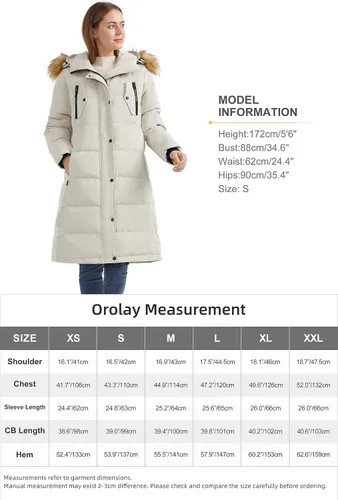 Vista 6 de Orolay Chaqueta de plumón para mujer, abrigo largo de invierno, chaqueta acolchada a prueba de viento con capucha de piel, Blanco