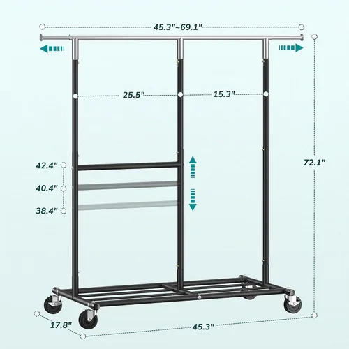 Vista 8 de Raybee Perchero para Ropa Resistente 200+LBS, Percheros para Colgar Ropa, Perchero de Metal con Ruedas, Perchero Comercial para Prendas Rodante Negro