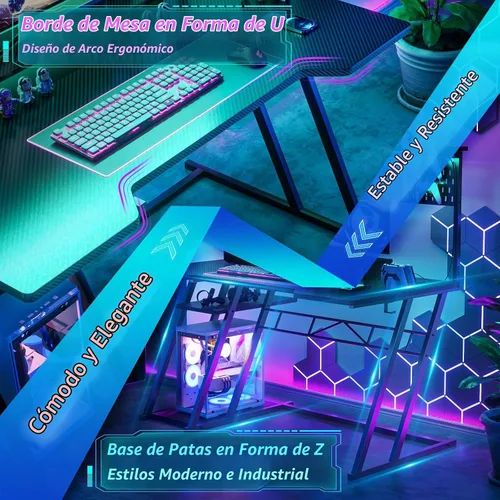 Vista 6 de Escritorio para computadora de juegos Armocity con estantes y tomas de corriente, escritorio de juegos con alacena y luces LED, escritorios