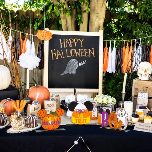 Vista 6 de 3 centros de mesa de madera de ratón de Halloween, decoración de mesa con letrero de truco o trato, centro de mesa de letrero Boo para Halloween