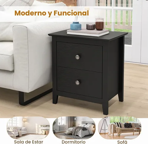 Vista 6 de KOMFOTT Mesita de noche con 2 cajones, mesita de noche de madera, mesa auxiliar moderna para sofá, mesa auxiliar compacta para dormitorio