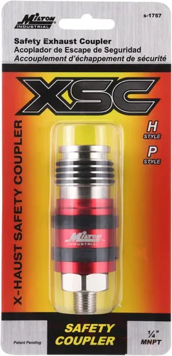 Vista 4 de Milton Acoplador universal de escape de seguridad 2 en Uno: 1/4" MNPT x 3/8" flujo corporal, rojo
