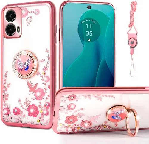 Vista 24 de nancheng Funda para Motorola Moto G Play 2024 (6.5 pulgadas) para niñas y mujeres, bonita funda de teléfono de TPU suave con purpurina y anillo