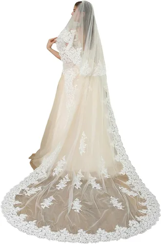 Vista 2 de Newdeve 3M 2T blanco velos de novia encaje borde metro largo libre peine