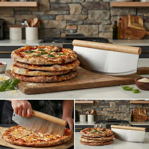 Vista 5 de Cuchillo mecedor profesional de acero inoxidable de 14 pulgadas, cortador de hoja de mango de madera con cubierta cómoda, rebanador de pizza