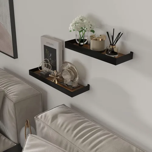 Vista 2 de RLAVBL Juego de 2 estantes de pared, estantes flotantes de madera rústica para dormitorio, sala de estar, cocina