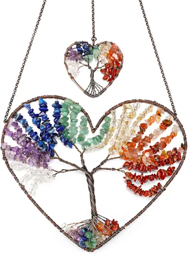 Vista 6 de JOVIVI Adorno colgante de árbol de la vida de doble corazón, 7 chakras, reiki, cristales curativos, piedras preciosas de meditación, colgador