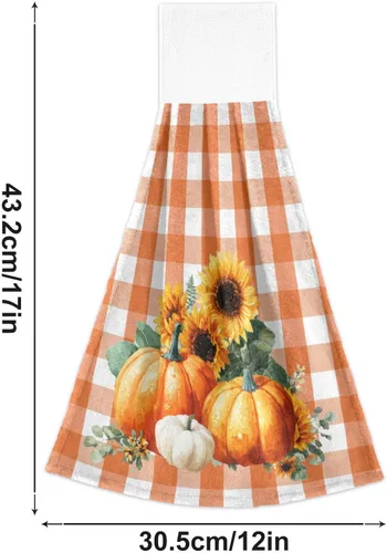 Vista 3 de Boccsty Toallas de Cocina Colgantes de Calabaza Otoñal 2 Piezas Cosecha Girasol Naranja Cuadros Buffalo Paños de Cocina con Lazo Toallas de Mano