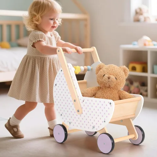 Vista 6 de Pillowhale Andador de madera y cochecito de muñeca – Carro de empuje con mango ajustable, antipunta, ruedas silenciosas, carrito de compras