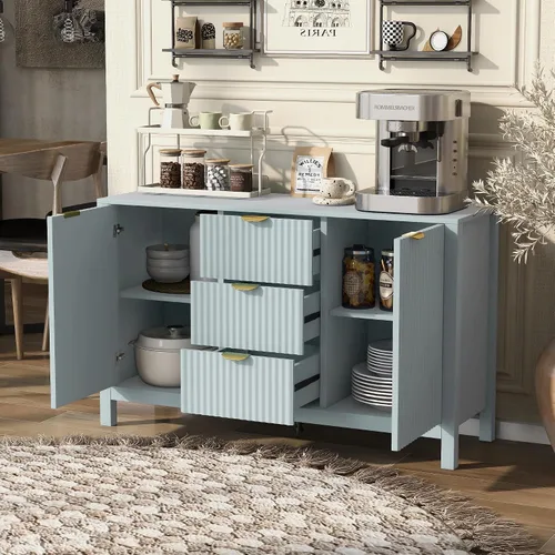Vista 4 de Henf Mesa consola moderna de 47.2 pulgadas, diseño ondulado, mesa de entrada con 3 cajones y 3 estantes ajustables, mesas de sofá de madera