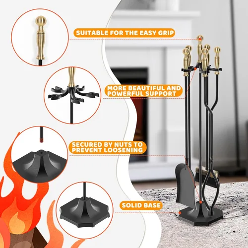 Vista 6 de Juego de 5 herramientas para chimenea de 31 pulgadas, herramientas de hierro forjado con mango ergonómico, juego de accesorios para chimenea incluye